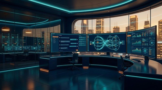 AI automation and chatbot agency India UK UAE USA showing live AI chatbot conversation dashboard, workflow automation flow diagram, and custom AI deployment control panel in a modern digital operations centre