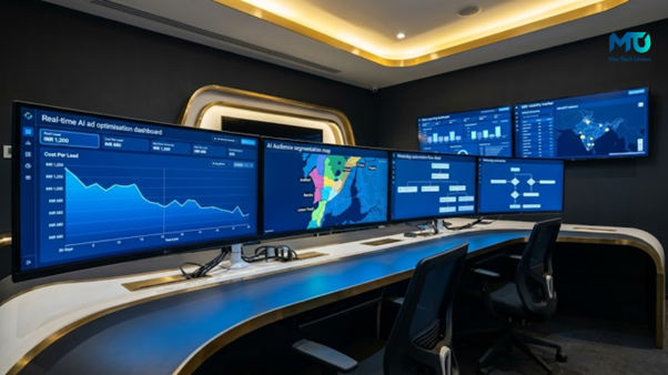 AI marketing agency Mumbai — real-time AI ad optimisation, Mumbai micro-market audience map, and WhatsApp automation displayed on monitors in Lower Parel operations centre