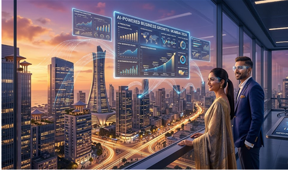 AI-powered digital marketing solutions in India — futuristic cityscape with data analytics overlays representing marketing automation and business growth.