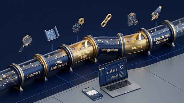 CRM and sales automation setup process - six-stage pipeline from discovery through launch showing automated lead flow and system integration for India businesses 