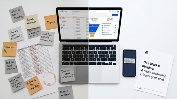 CRM and sales automation before and after - chaotic manual lead tracking with 
sticky notes and spreadsheets vs clean HubSpot pipeline dashboard with automated follow-ups 
and real-time deal visibility 