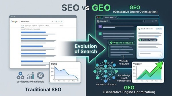 GEO optimisation audit India showing AI crawler access check content structure score and citation footprint radar chart alongside ChatGPT recommendation for Mumbai marketing agency confirming GEO visibility