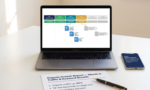 SEO and organic growth six-step delivery process for India UK UAE USA businesses showing technical audit completion, content publishing in progress, and organic traffic improvement report on Month 3