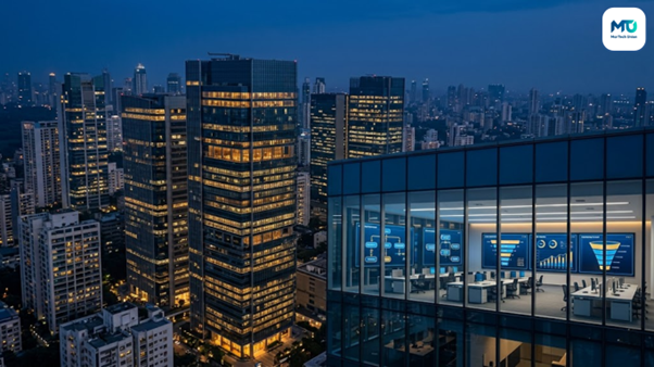 Top AI automation agencies in Mumbai, India 2026 — glowing AI workflow dashboards in a modern Lower Parel tech office with Mumbai skyline in the background