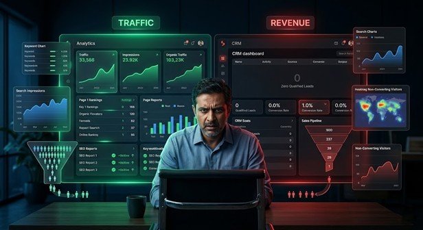 SEO and organic growth pain points for India UK UAE USA businesses showing gap between traffic growth and qualified lead generation without a structured content and technical SEO system