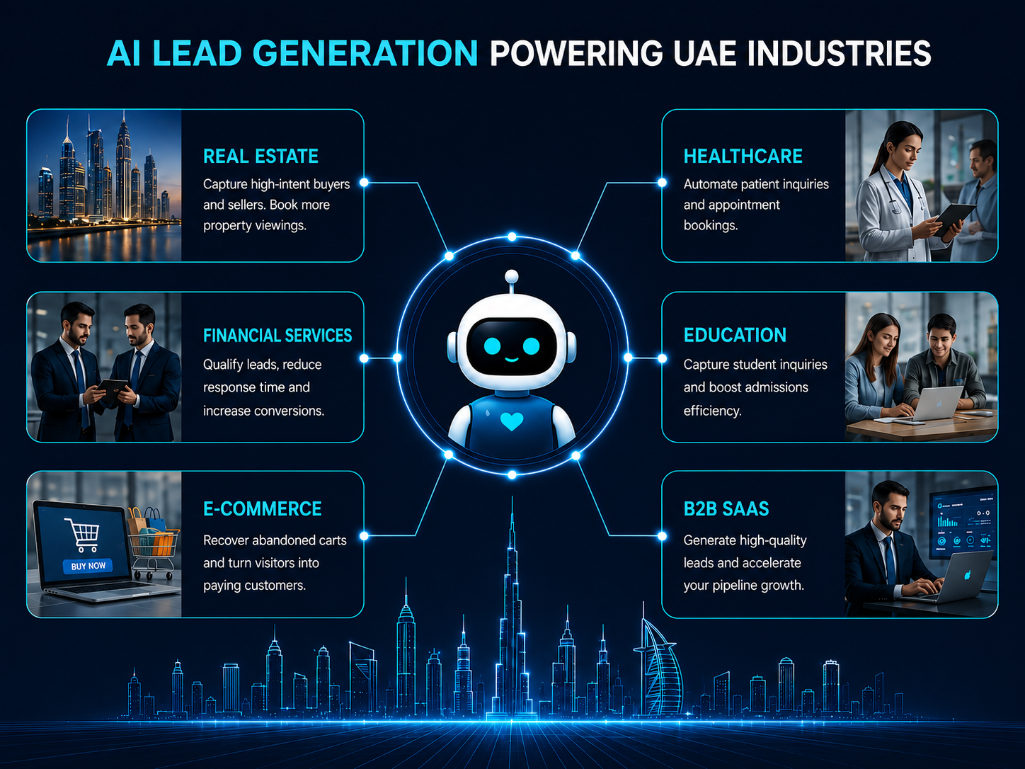 AI agents for lead generation UAE industries 2026 — real estate, financial services, healthcare, SaaS, D2C, and hospitality sectors showing key performance metrics for AI lead generation in Dubai and Abu Dhabi