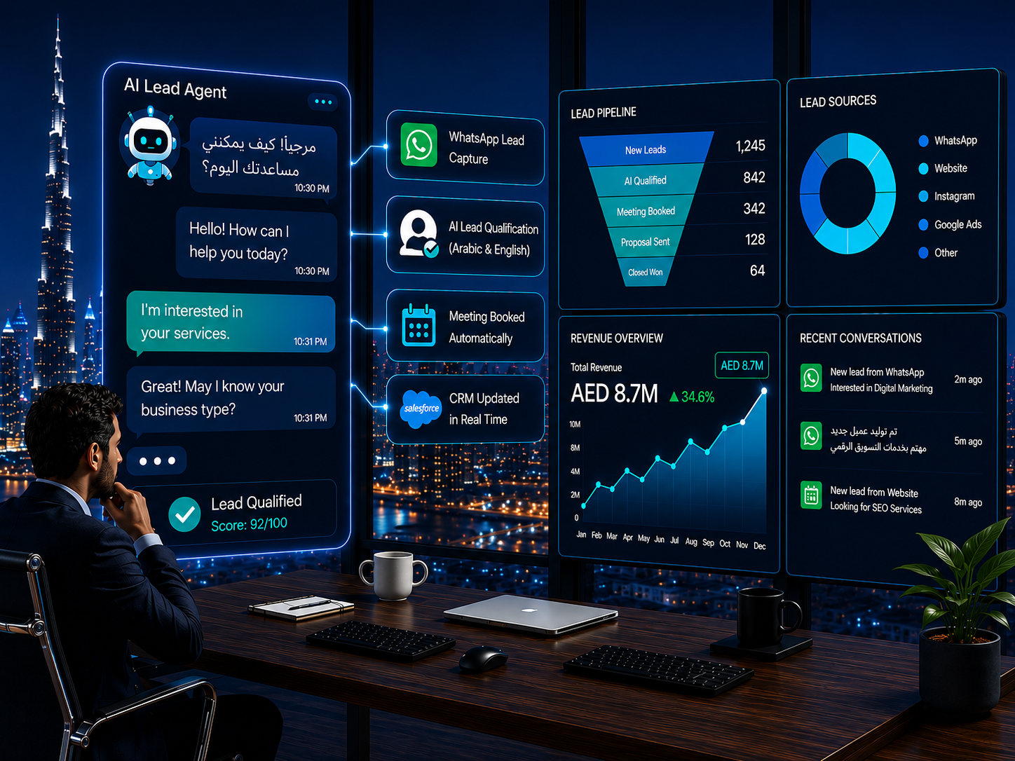 AI agents for lead generation UAE 2026 — WhatsApp AI lead qualification, CRM pipeline automation, and revenue dashboard on monitors in Business Bay Dubai office with Dubai skyline at night
