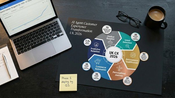  AI agents customer experience UK 2026 six-phase transformation roadmap with Google Trends data showing growth in AI agent searches 